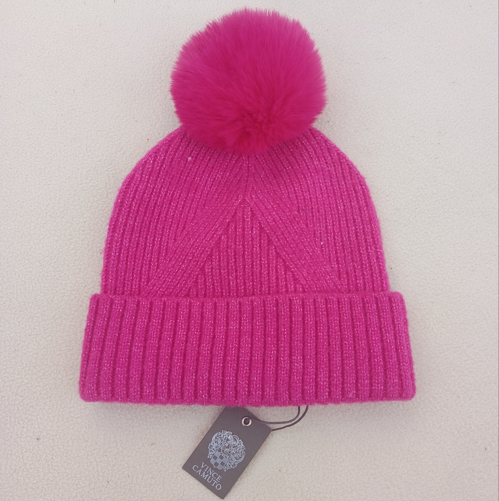 Vince Camuto Hot Pink Pom Knit Beanie - Picture 2 of 5